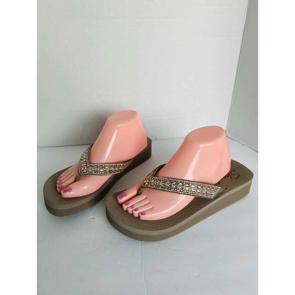NWOT Skechers Vinyasa Glory Day Sparkly Straps Thong Flip Flop Wedge Sandal‎ 8.5